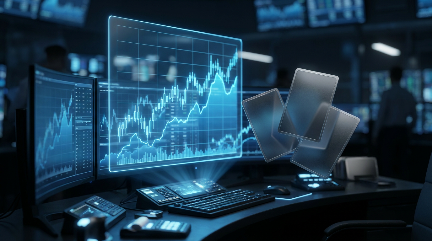 Blank trading cards floating beside a glowing holographic price chart on a dark desk