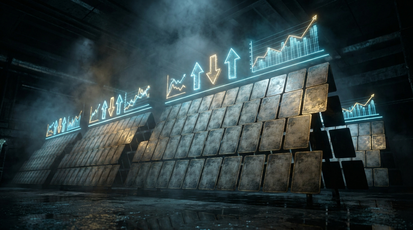 Rows of blank cards under holographic market arrows and trend lines