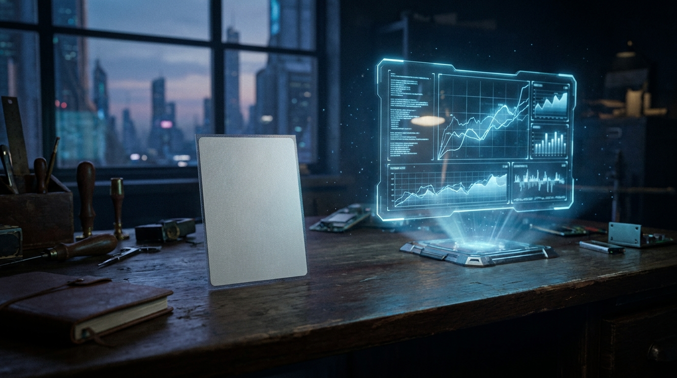 A blank card beside a glowing holographic price-lookup panel