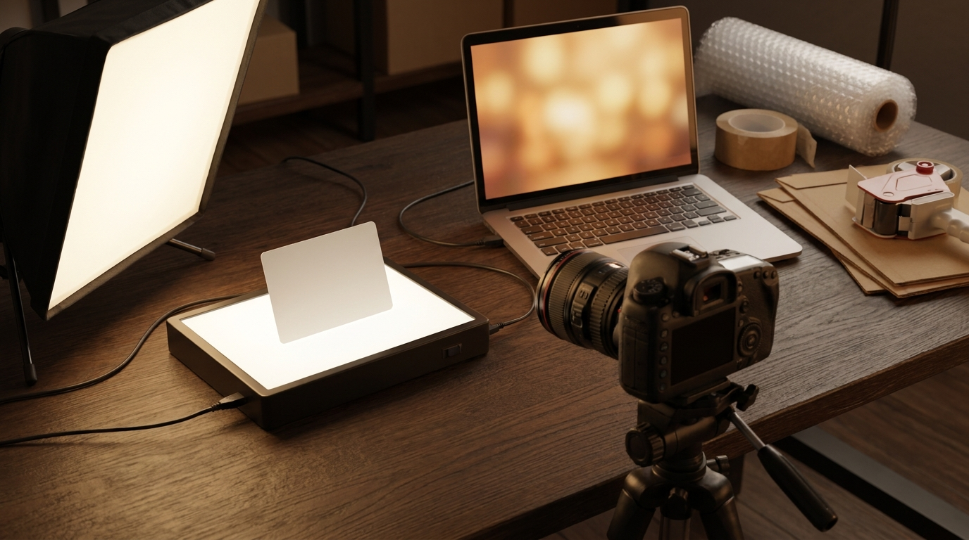 A blank card on a lightbox being photographed for a listing