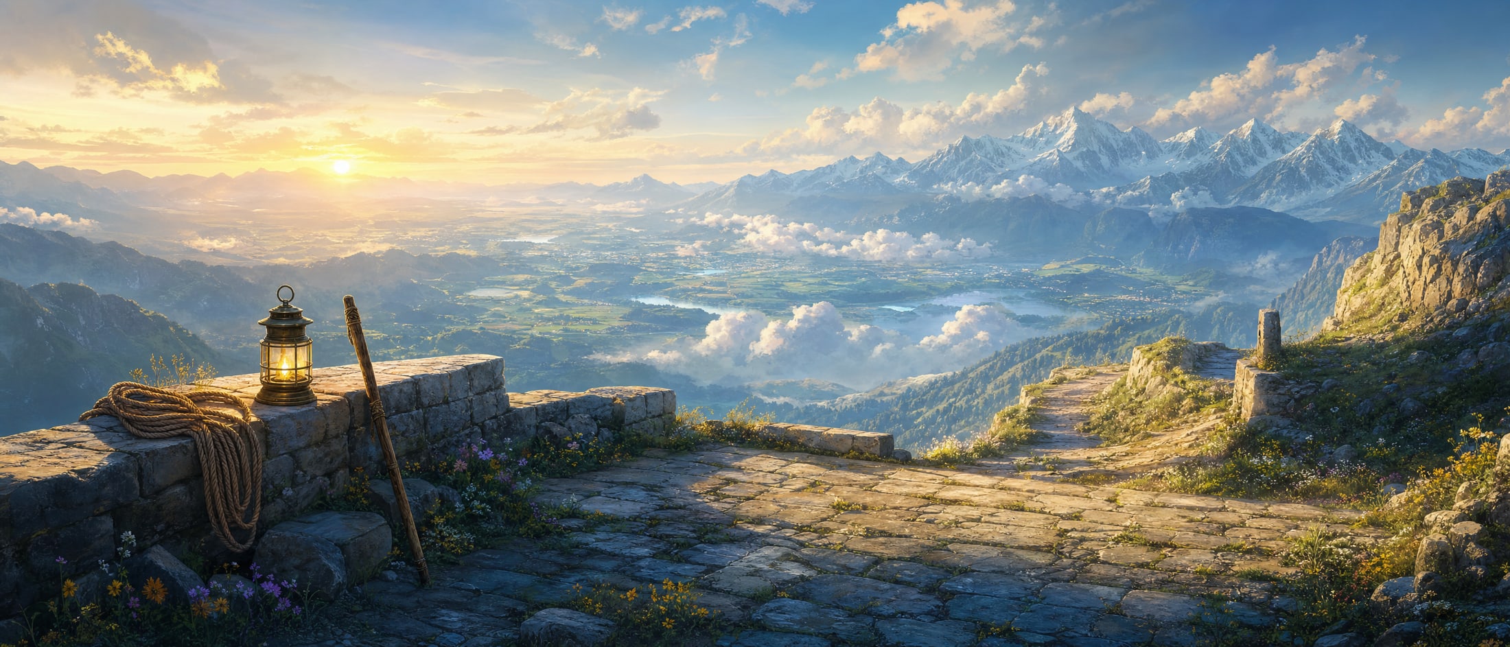 A stone landing at the start of a mountain road at first light, a lit lantern and a walking staff left on the parapet.