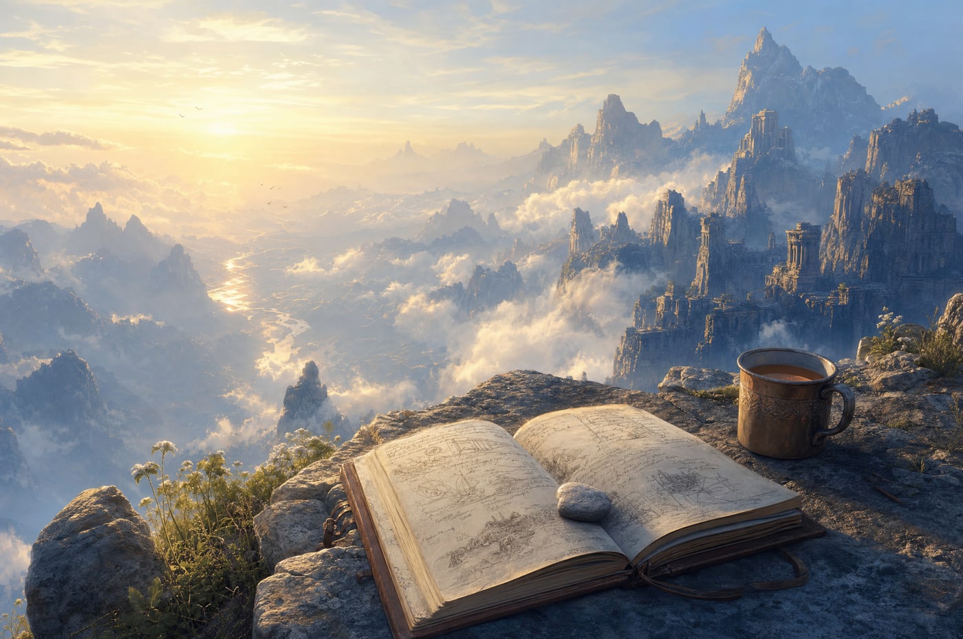 An open journal and a mug on a sunlit stone ledge, pages weighted with a pebble.