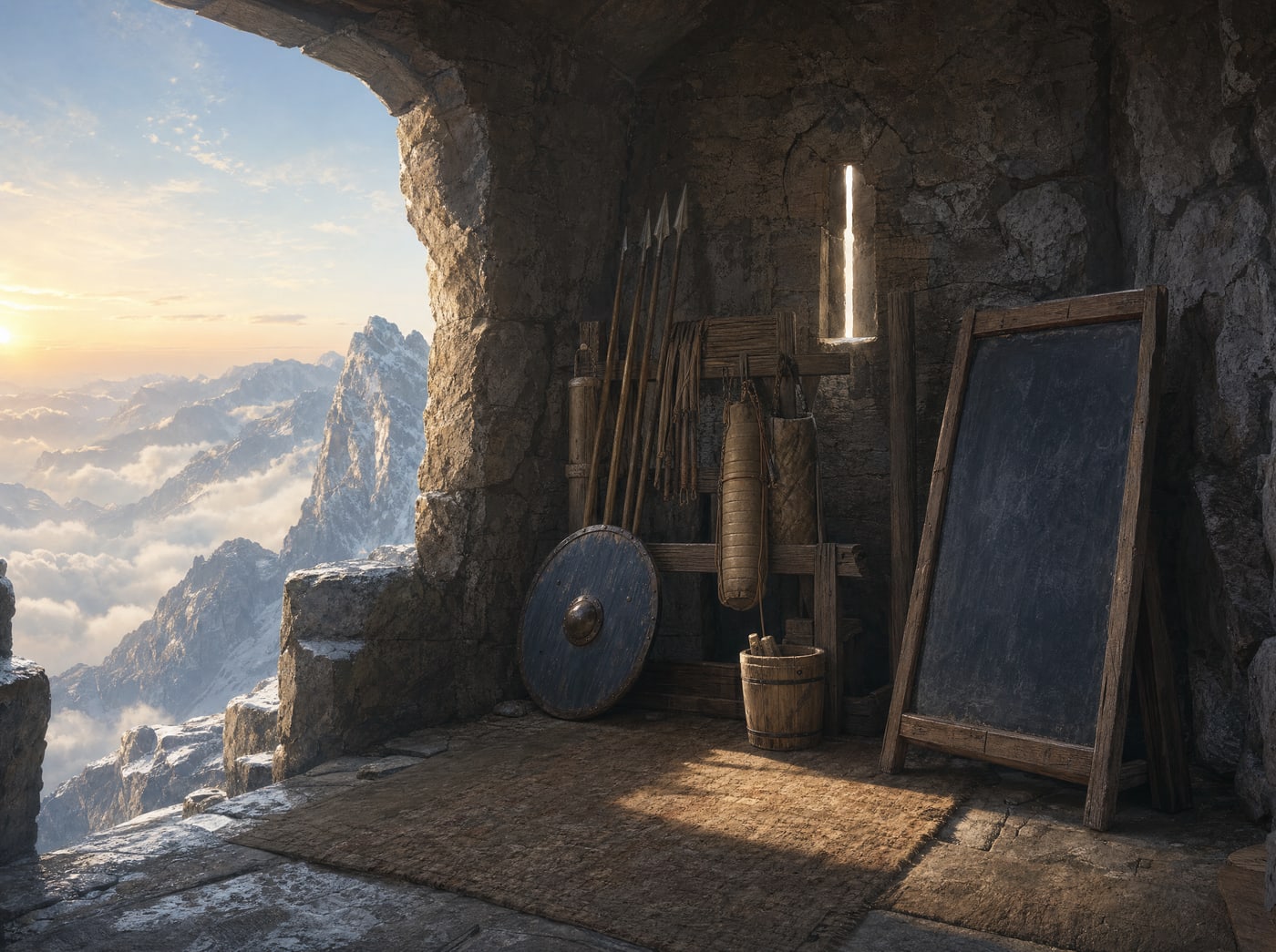 A quiet stone alcove holding a rack of simple practice gear and a wiped-clean slate.