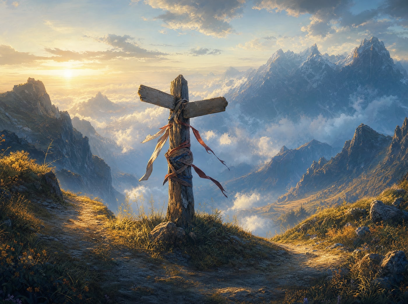 A weathered signpost at a fork in a grass path, its carved arms blank and wordless.