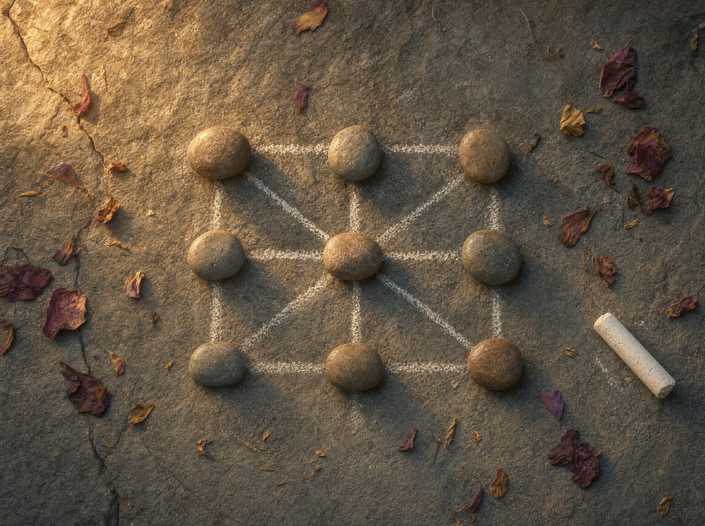 River pebbles arranged into a deliberate pattern on a stone table, seen from above.