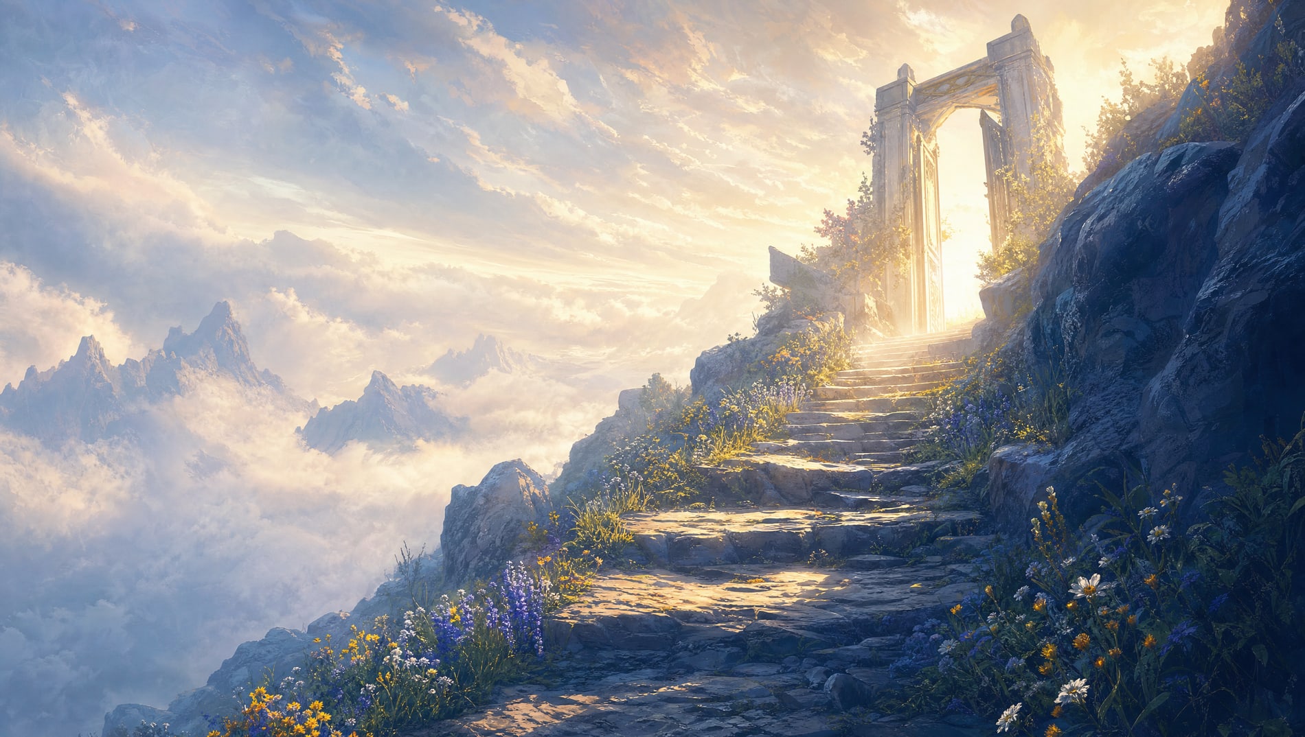 Shallow steps climbing out of morning mist toward a bright open gate.