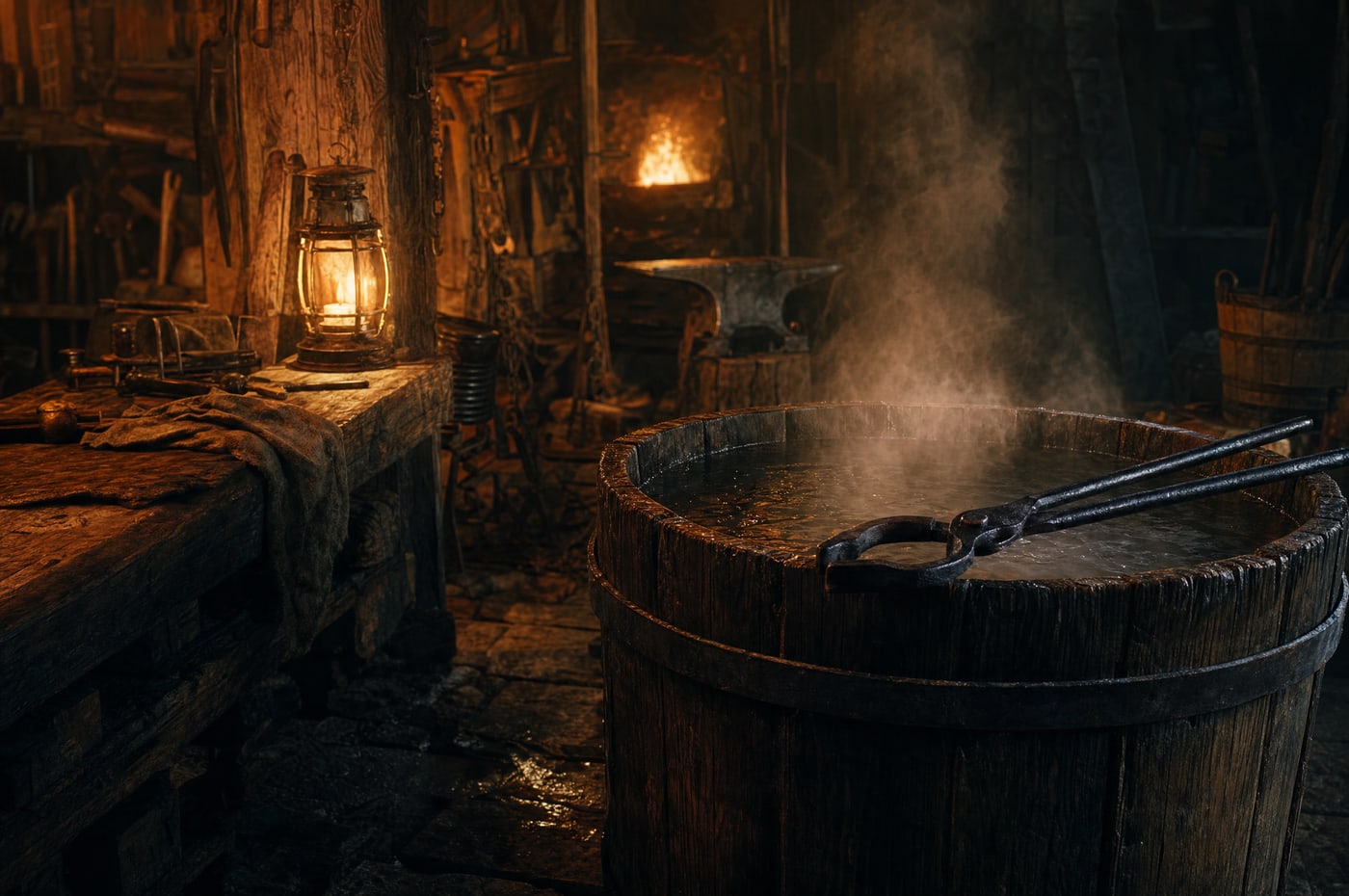 A quench barrel still steaming in a dim forge, a pair of long tongs laid across the rim.