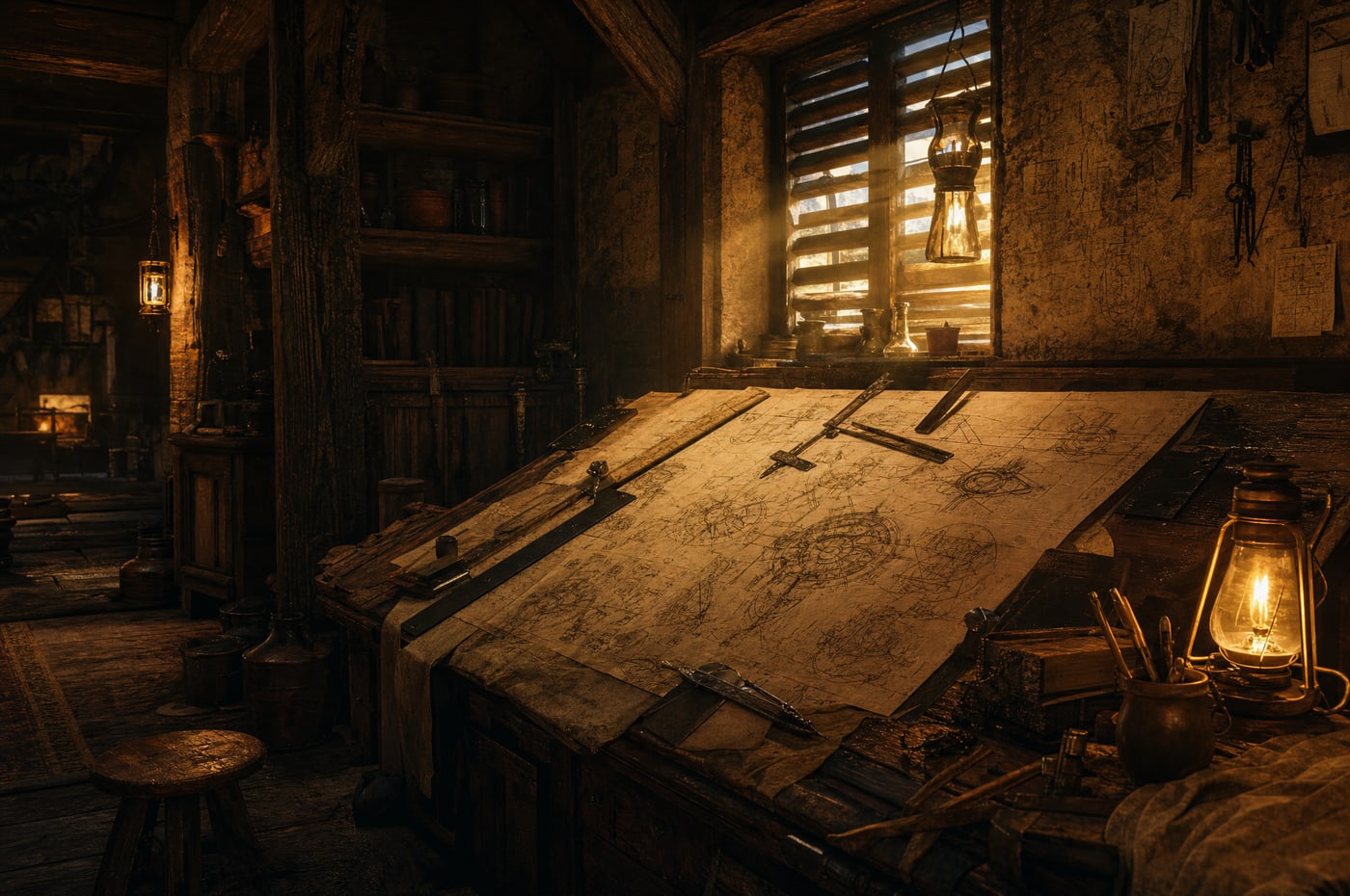 A drafting table beneath a shuttered window, ink diagrams held flat by hand tools, a lamp burning at the corner.