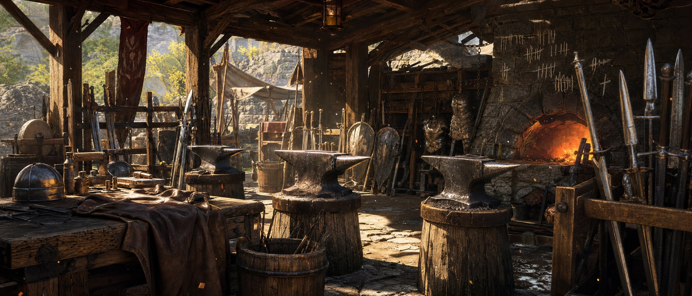An open-air smithy yard at high noon: three anvils on blocks, racks of unfinished blades, chalk tally marks scratched into the stone wall, and a leather apron thrown over the near bench.