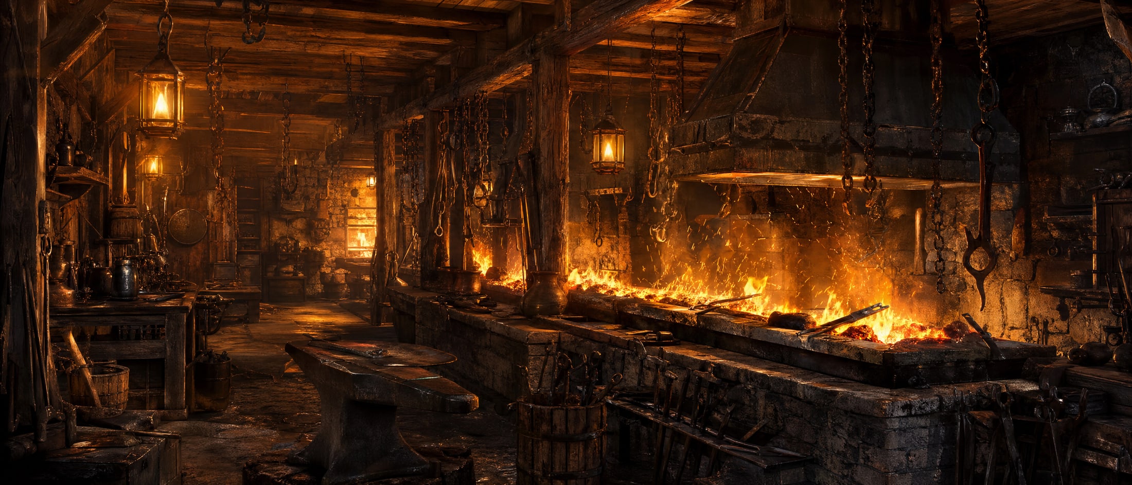 The forge interior at full heat, a fire trough running the whole length of the room, chains and tongs hanging above it.