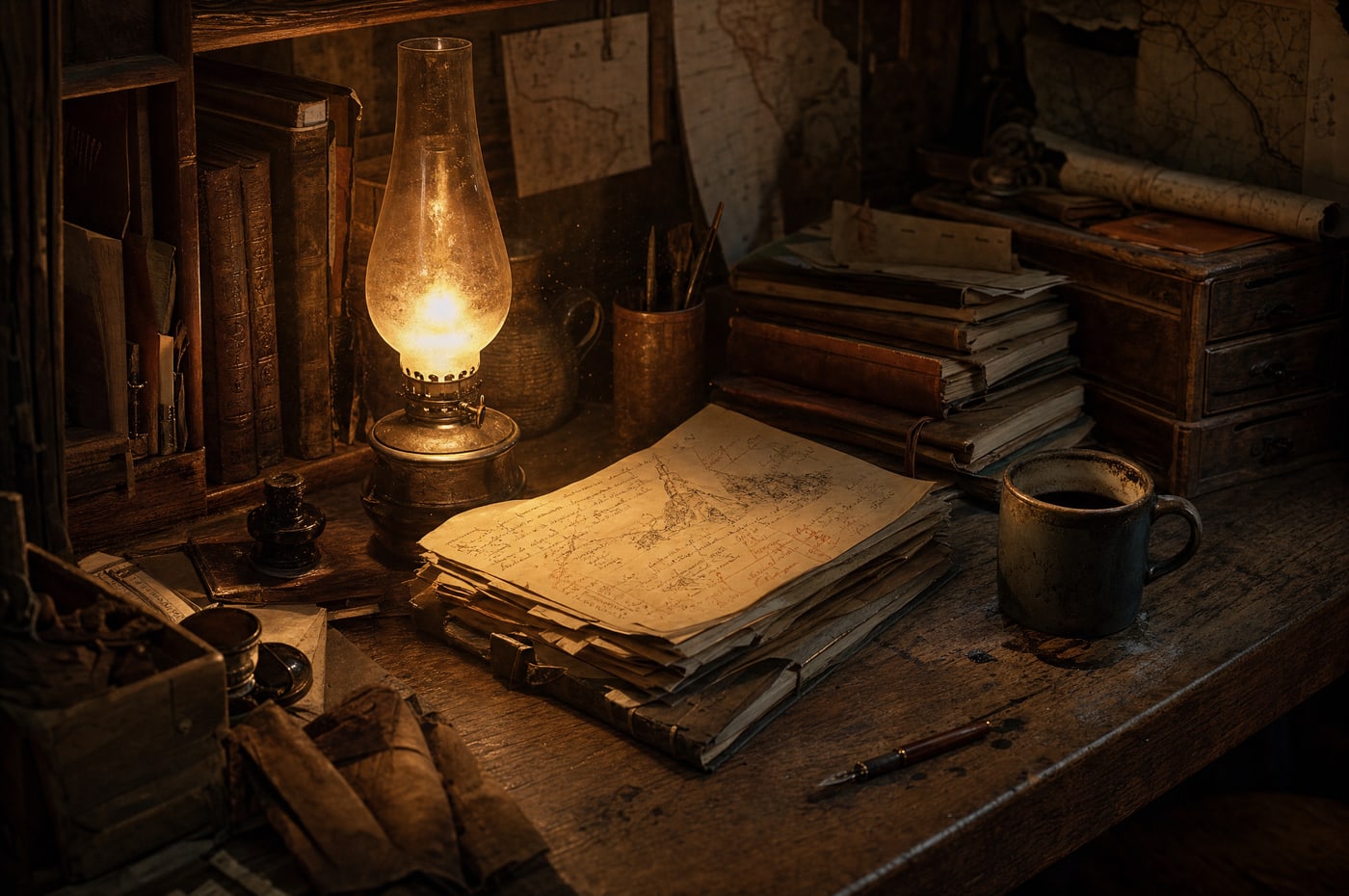 A cluttered corner desk under a lit oil lamp, a thick stack of annotated notes weighted open, a cold mug of coffee beside it.