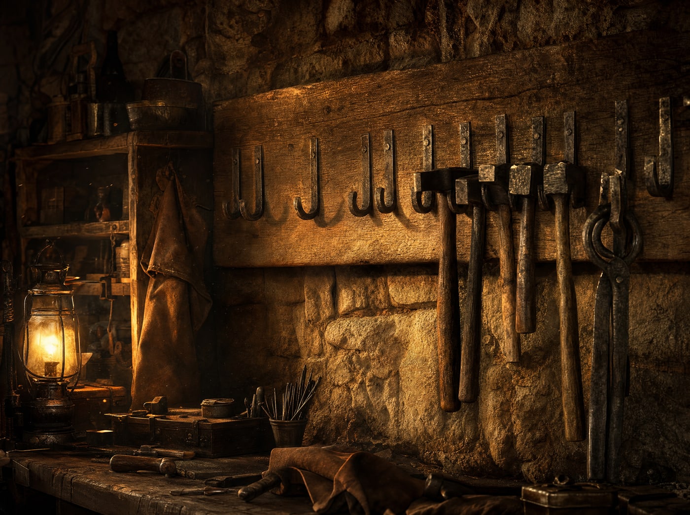 A blacksmith&rsquo;s wall rack of hammers and tongs hung in order of size, with three hooks left bare where tools were just taken.