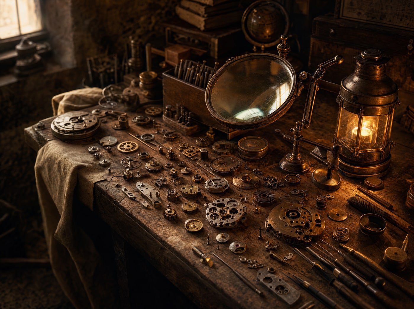 A workbench of disassembled brass components laid out in careful rows under a magnifying lens on a stand.