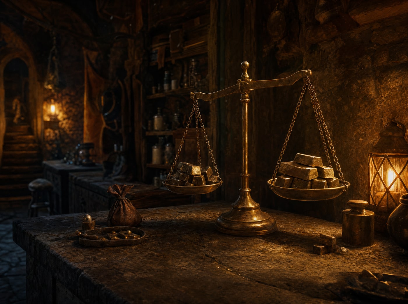 A brass balance scale weighed unevenly, ingots stacked on both pans, on a stone counter in lamplight.