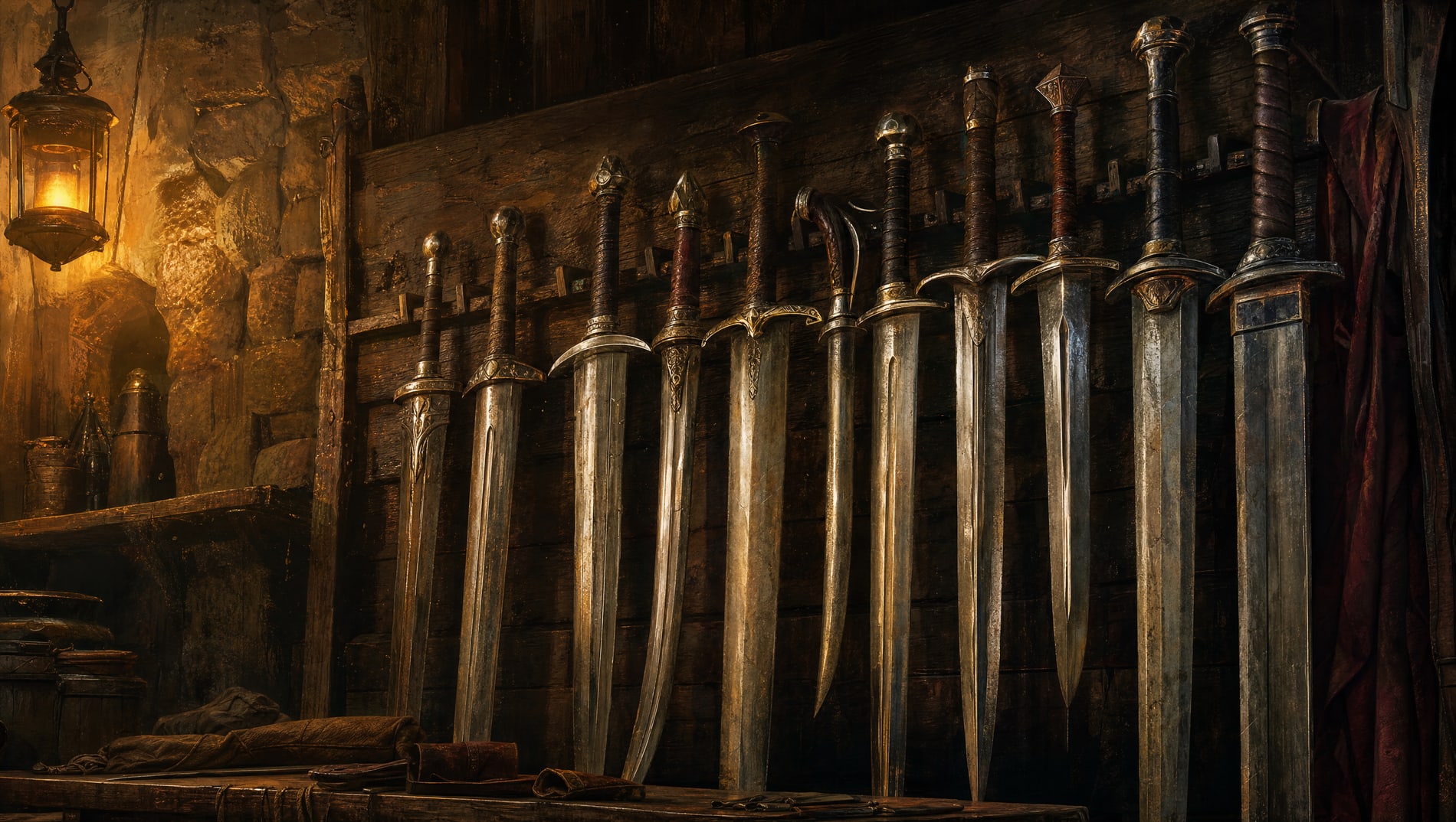 A rack of finished blades standing in a row against a plank wall, each one a slightly different length and profile from the next.