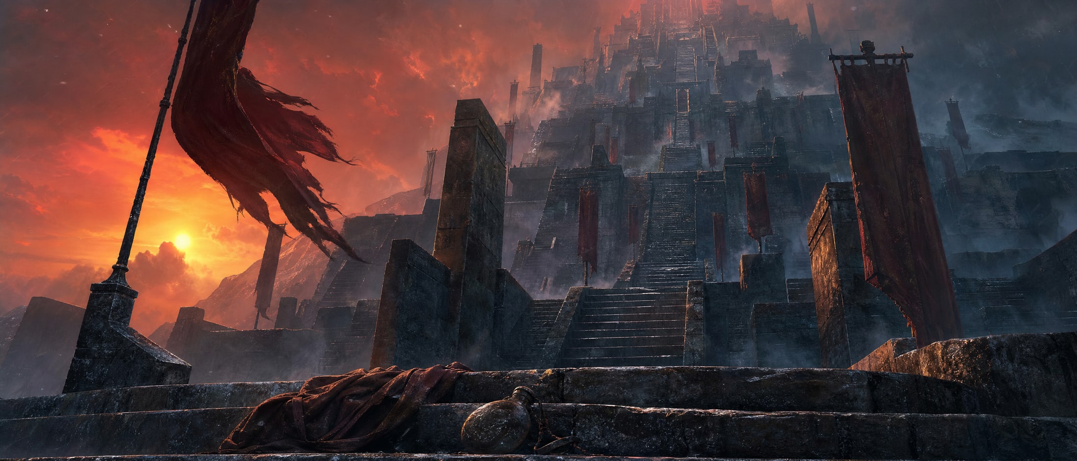 The lowest step of an enormous tiered gate fortress at last light, terraces and stairs climbing out of sight into cloud, torn banners snapping in the wind, a cloak and a water flask left on the stone.