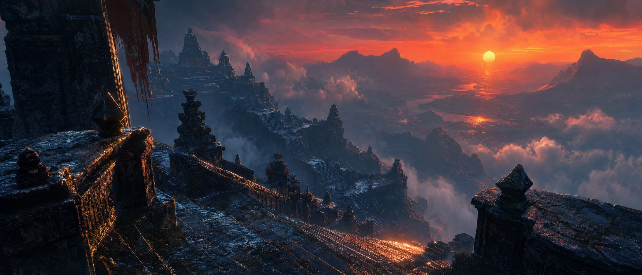The view down from a high terrace at sunset over the whole ladder of terraces below, receding into red light and cloud.