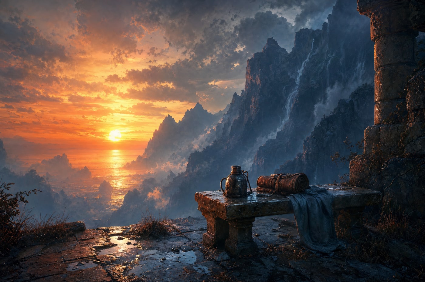 A stone bench at the edge of a terrace at sunset holding a metal water flask, a rolled kit and a folded cloth.