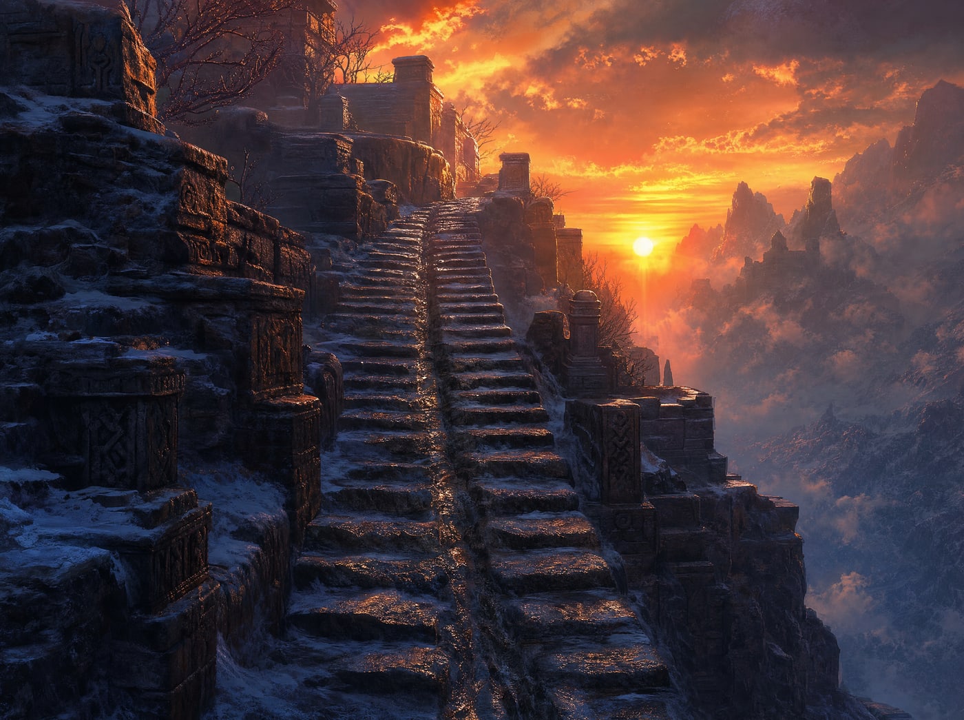 A narrow stone stair climbing between two terraces at last light, a groove worn down the centre of its steps by long use.