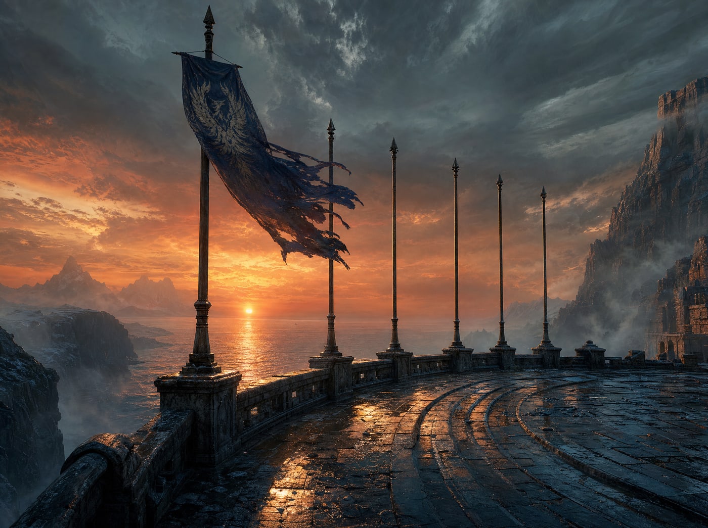 A row of empty iron banner poles on a windswept terrace at sunset, one banner still raised and every other pole bare.