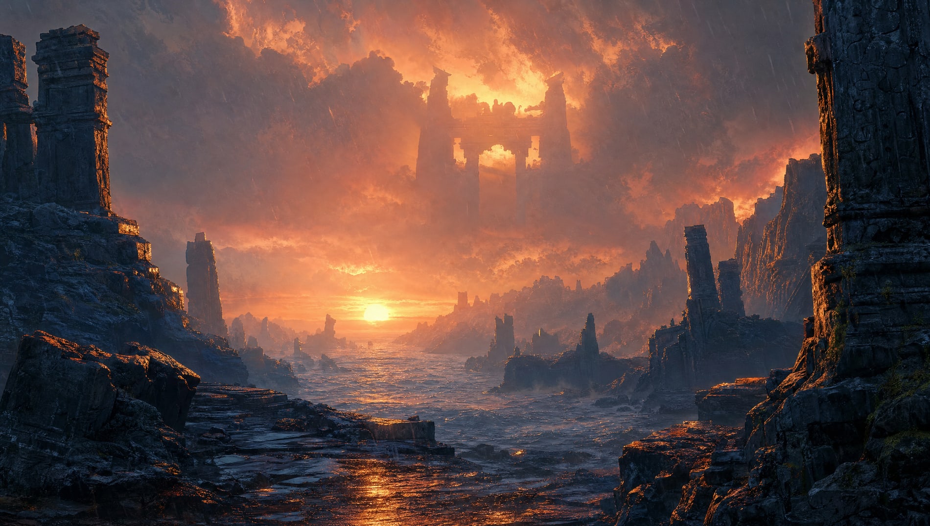 The top gate of the fortress seen through moving cloud, backlit by the last of the sun, its shape only just readable.