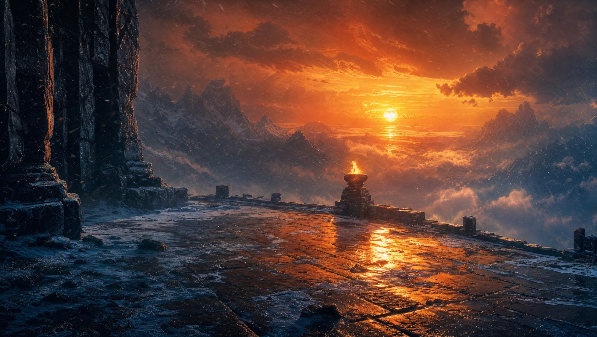 A wind-scoured stone terrace at sunset, long shadows across wet flagstones and a single lit brazier burning at its far edge.