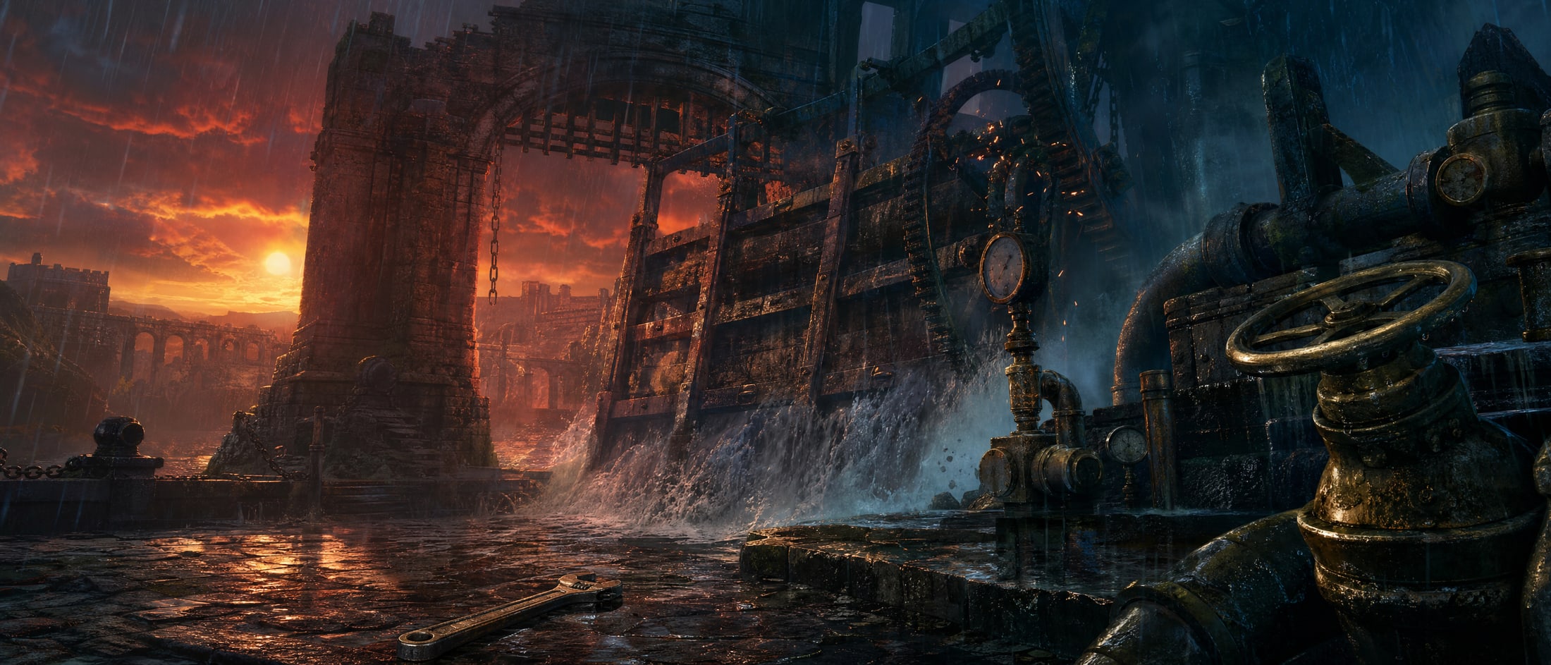 The machine level beneath a great gate in heavy rain: broken aqueduct gearing, a sluice jammed half open and pouring, brass pressure gauges on the pipework, and a dropped wrench lying in a puddle on the wet flagstones.