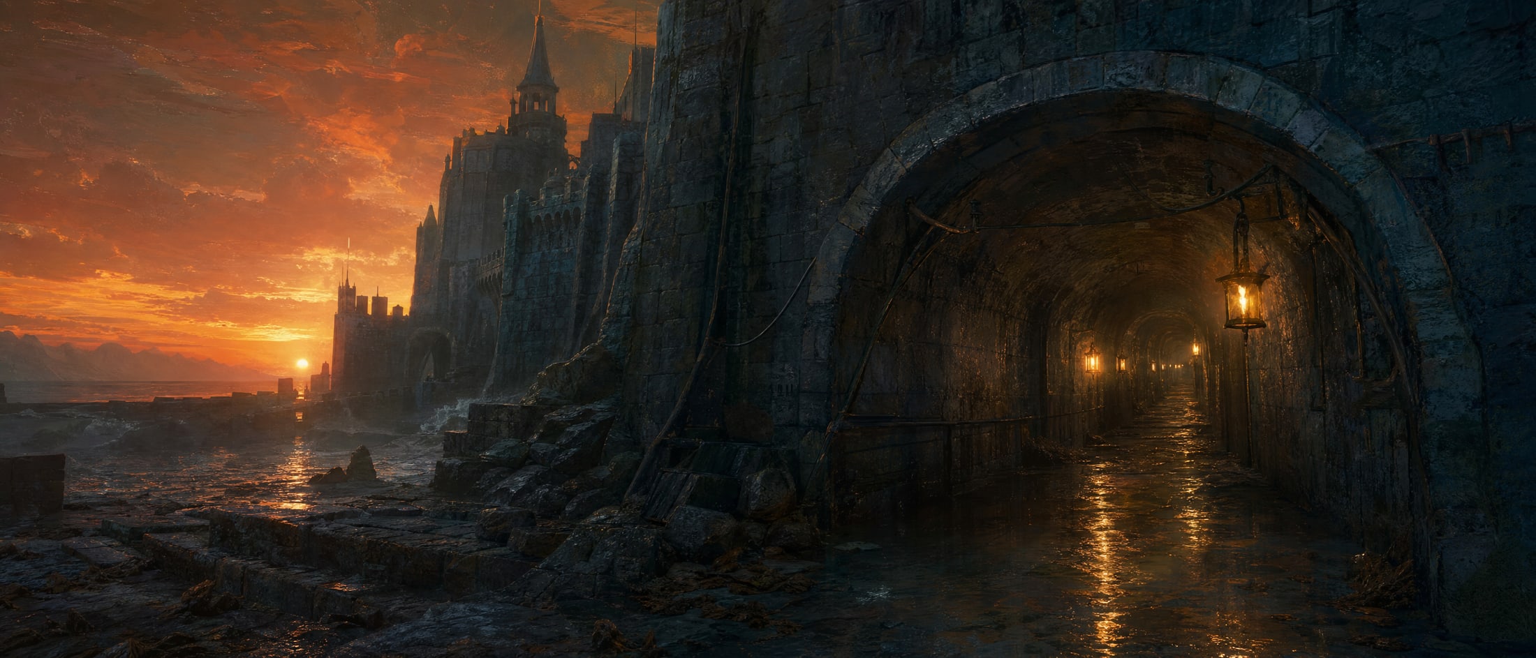 A long flooded service tunnel, ankle-deep water reflecting a receding line of failing lamps.