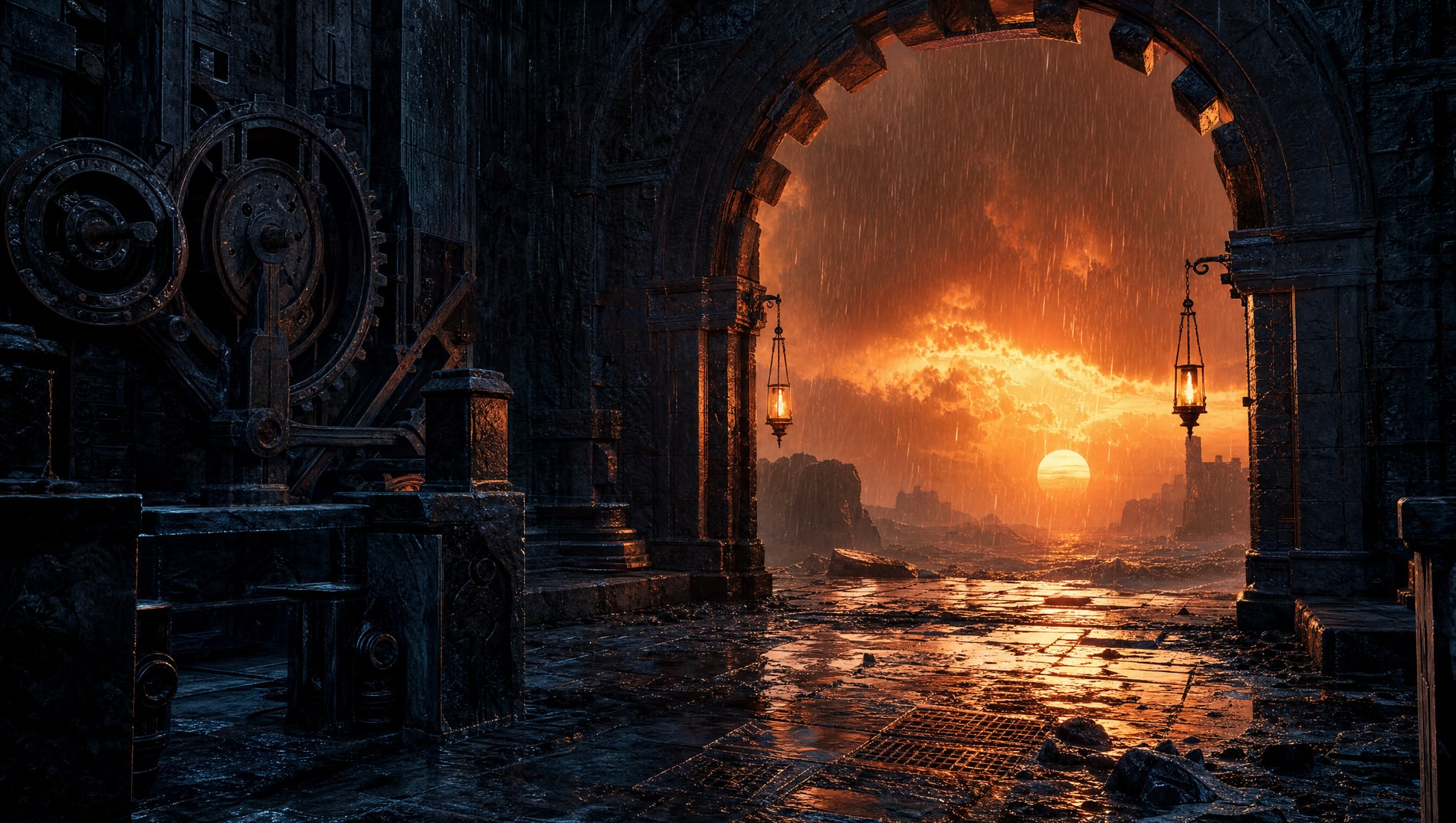 Rain falling past a lit stone archway, seen from inside a dark machine hall.