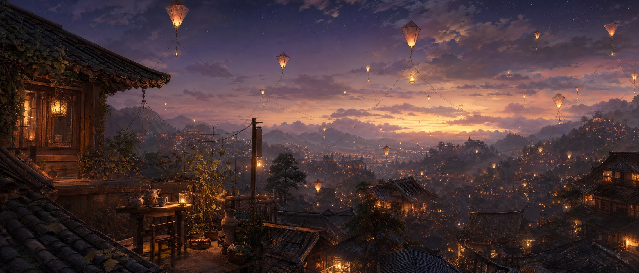 Dusk over tiled village rooftops, dozens of tethered lantern-kites floating high on thin lines above a valley of lit windows.