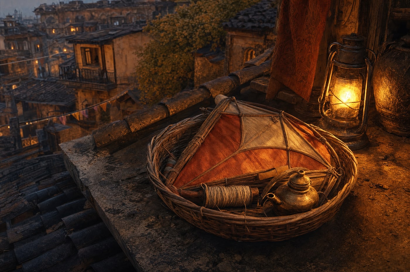 A rooftop basket at dusk holding a rolled kite, a coil of fine line and a small brass lamp, the lit town below.