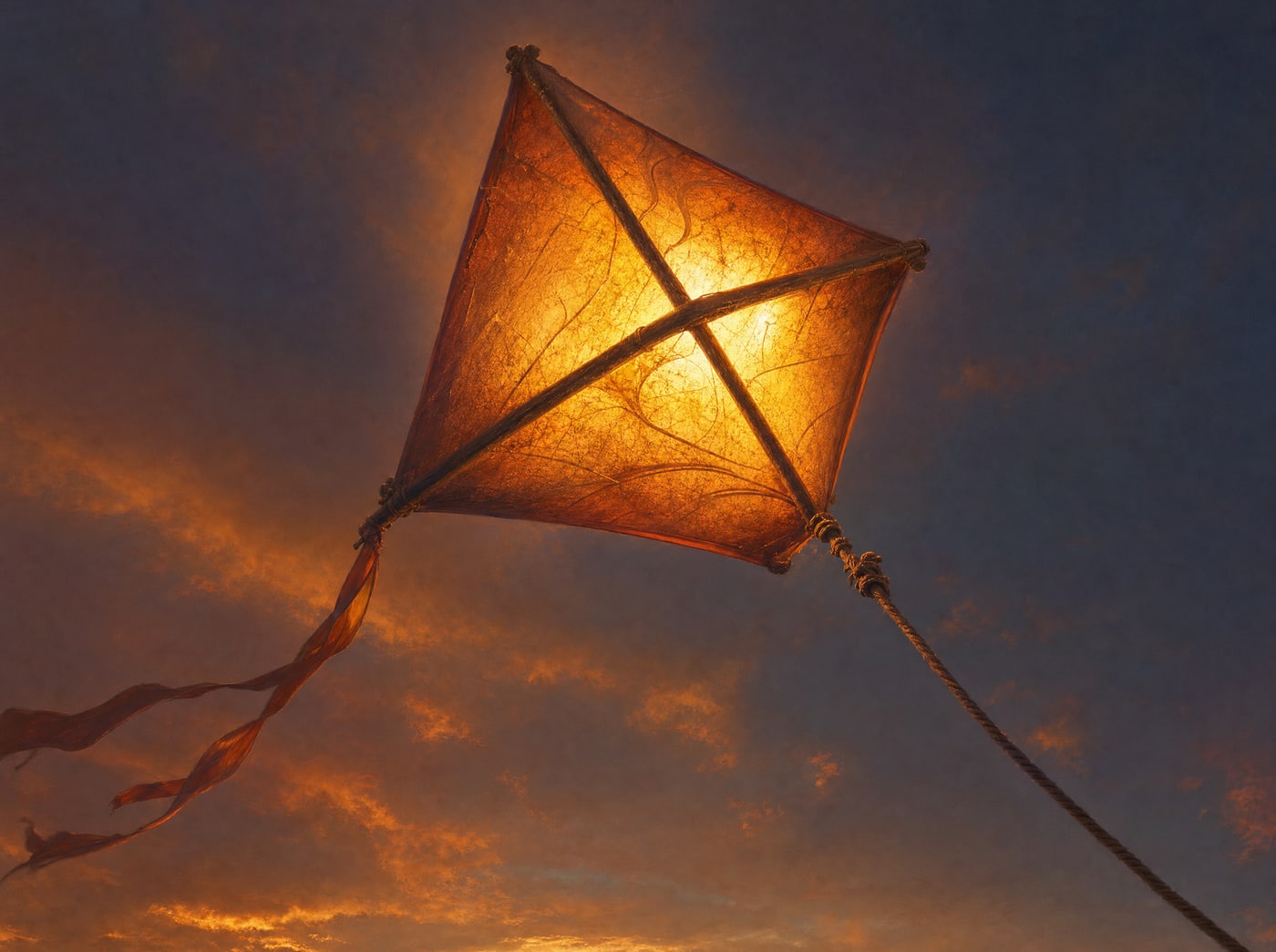 A single lit lantern-kite close up against an empty violet dusk sky, its thin tether running out of frame.