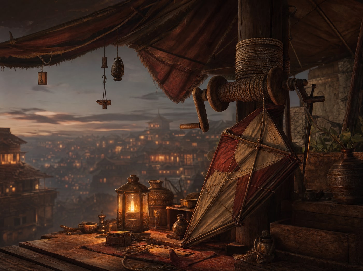 A rooftop winch post wound with fine cord at dusk, a folded spare kite leaning against its base beside a lit lantern.