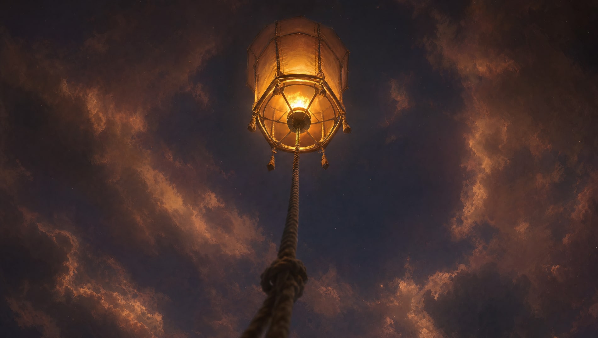 Looking straight up a taut tether line from directly beneath a floating lantern-kite lit against a clouded dusk sky.