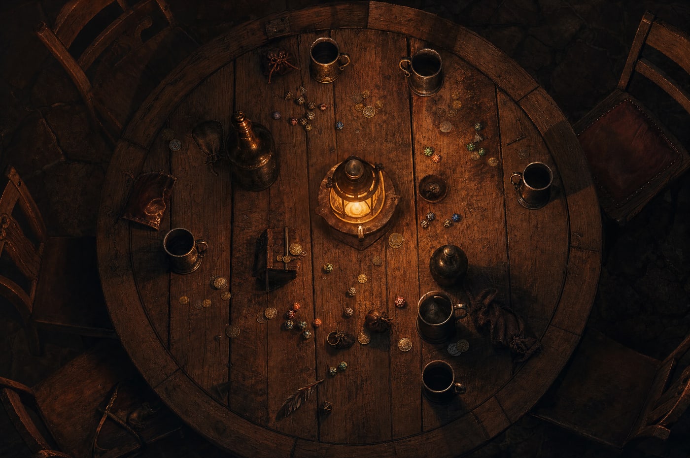 Looking straight down onto a round timber table ringed with pewter mugs, scattered dice and coins around a lit lantern, one place left untouched.