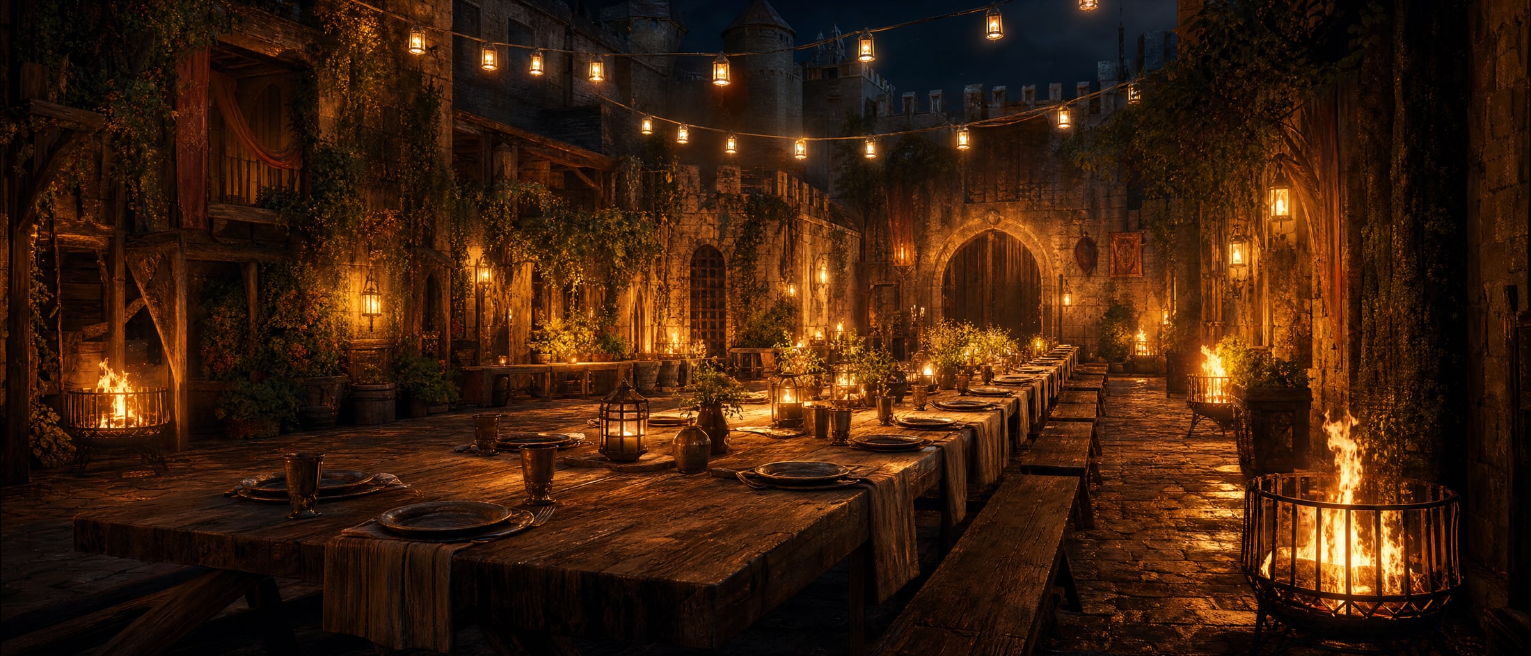 A walled courtyard at night lit by iron fire baskets and strings of hanging lanterns, one very long timber table laid with plates and cups, benches drawn in, nobody seated.