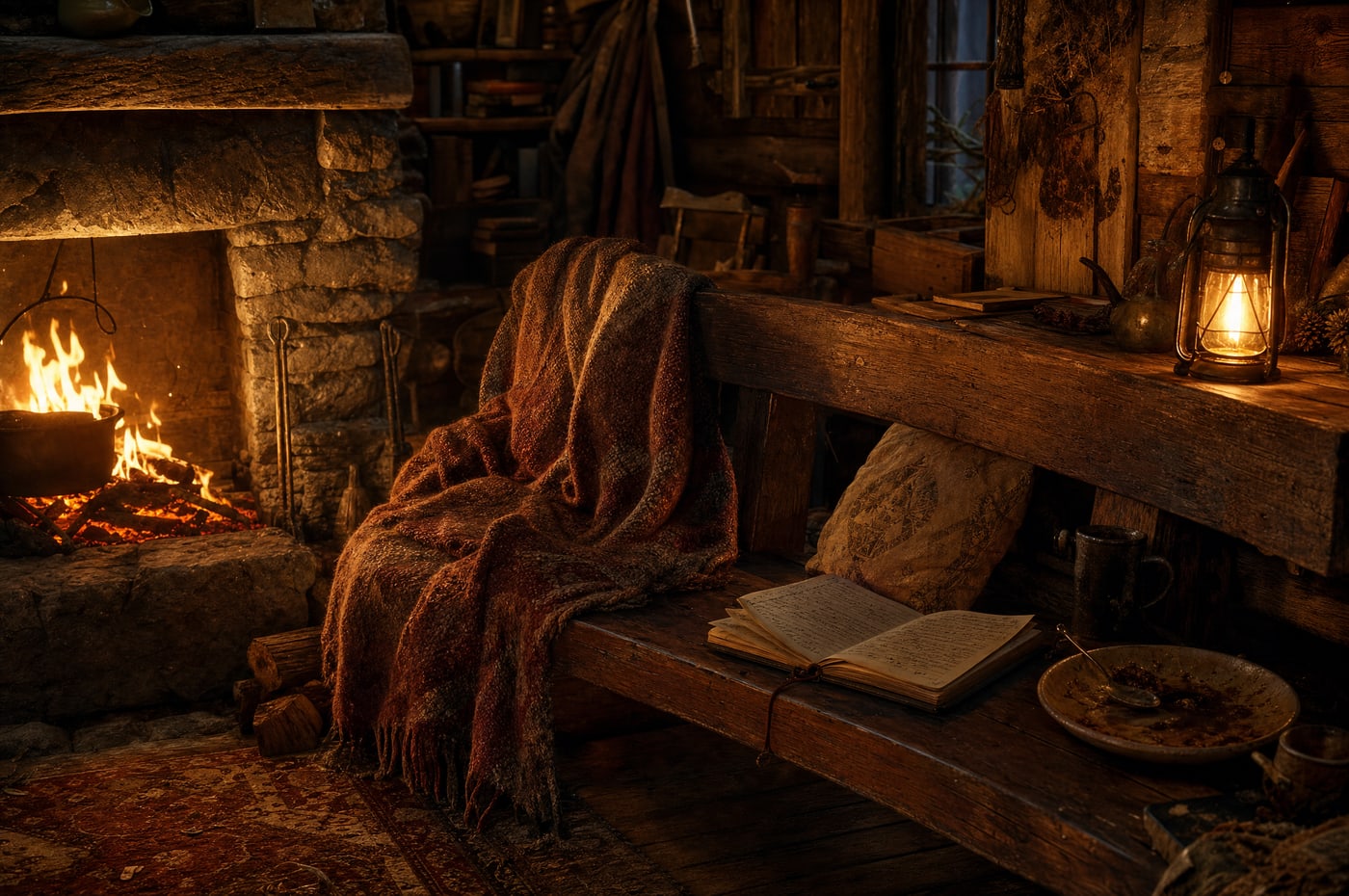 A bench seat beside a low fire with a heavy blanket thrown over it, a half-finished plate and an open notebook left on the boards.