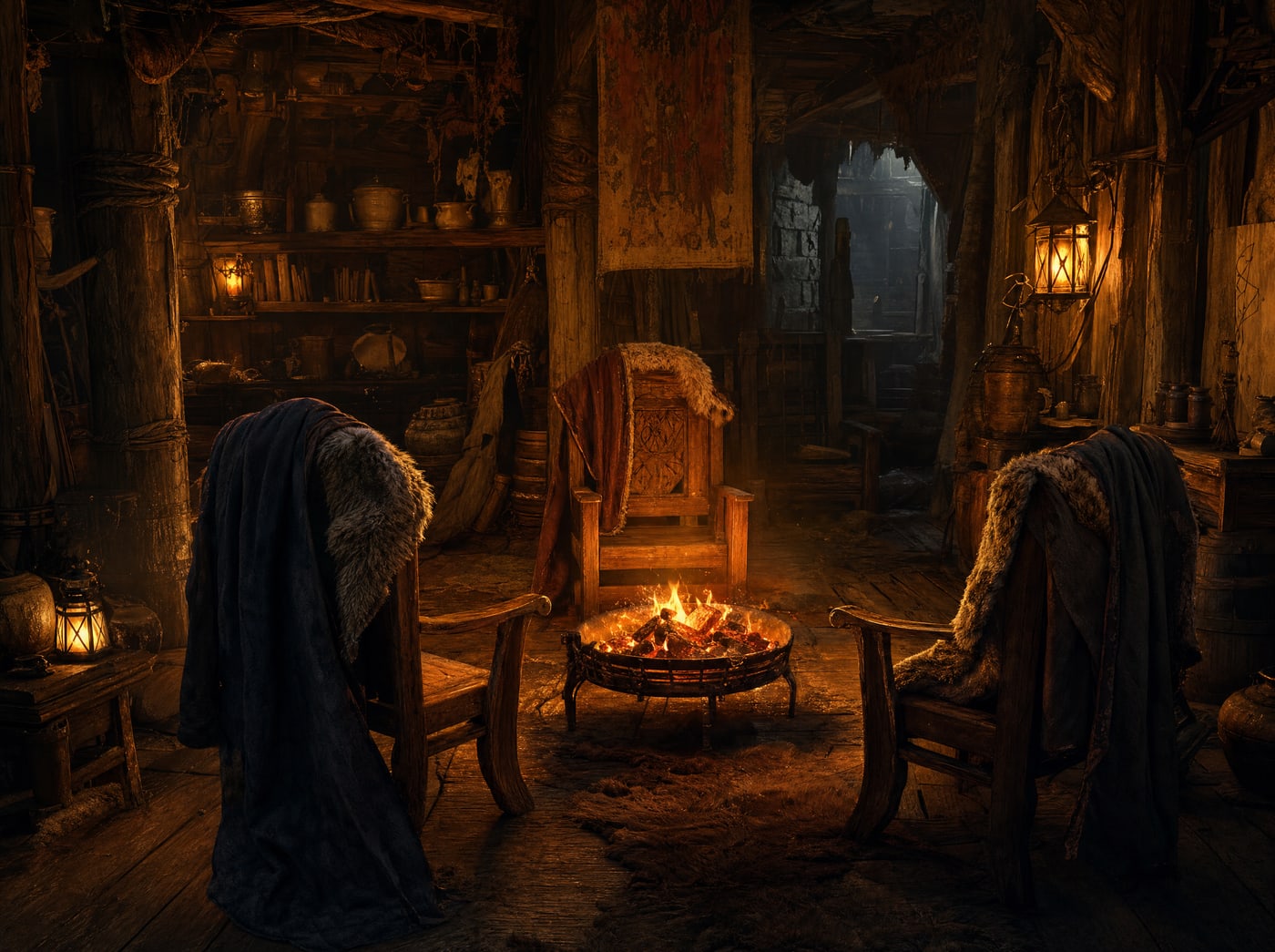 Three empty chairs pulled close around a single iron brazier at night, heavy cloaks left over their backs.