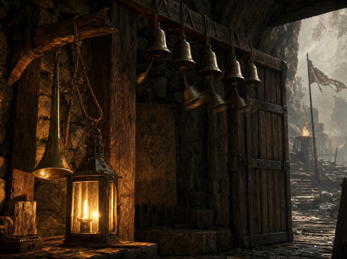 A brass signal horn and a row of small bells hanging by a gate at night, one bell still swinging.