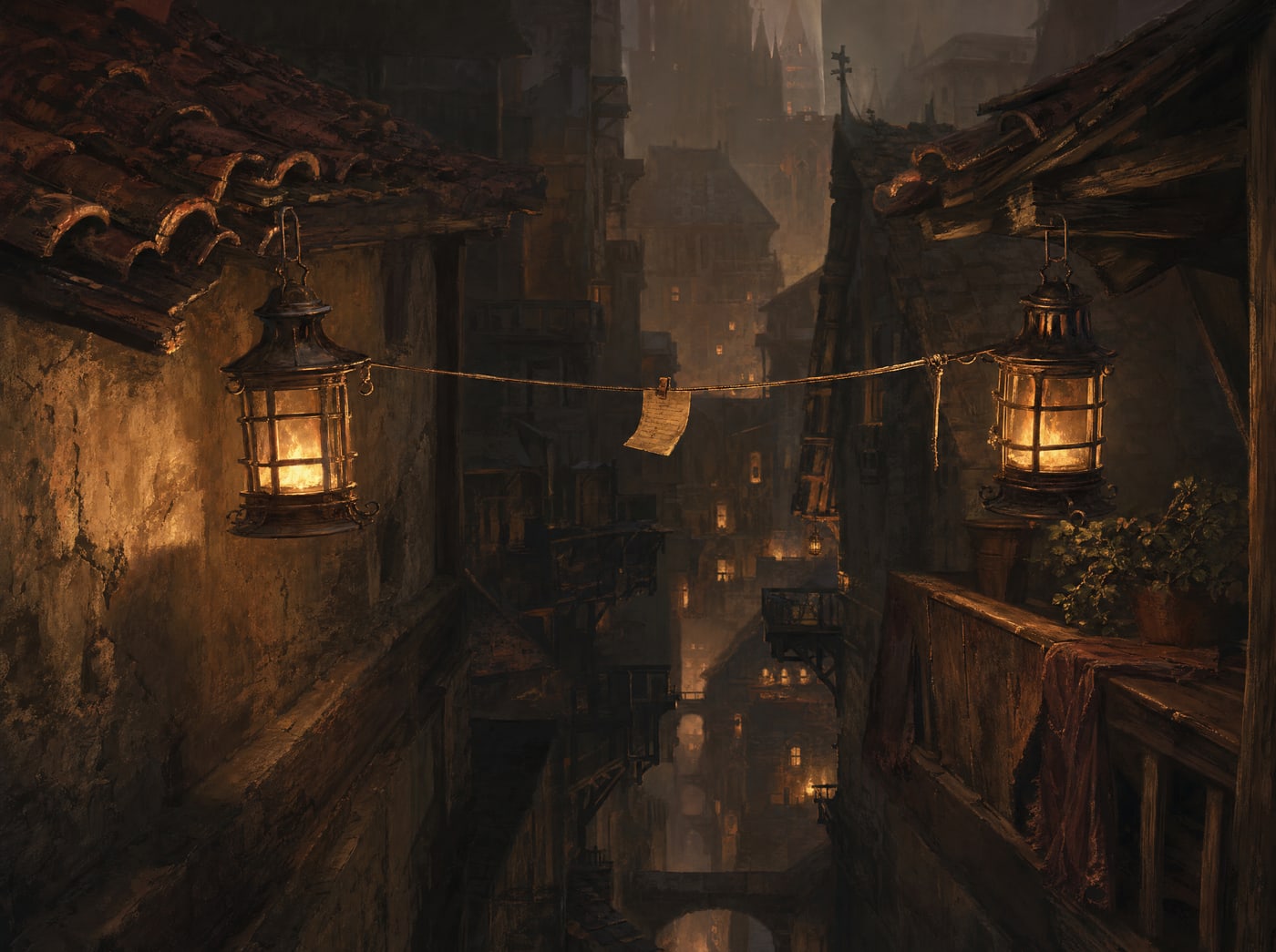 Two lit lanterns on opposite rooftops at night, a thin line strung between them carrying a folded paper note.