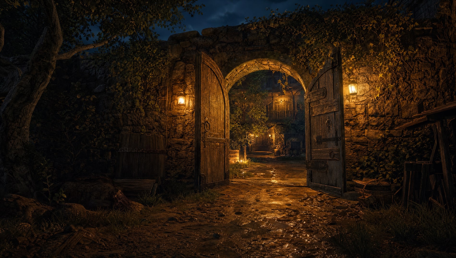 A courtyard gate standing open at night, warm lantern light spilling out across the wet road, seen from the darkness outside.