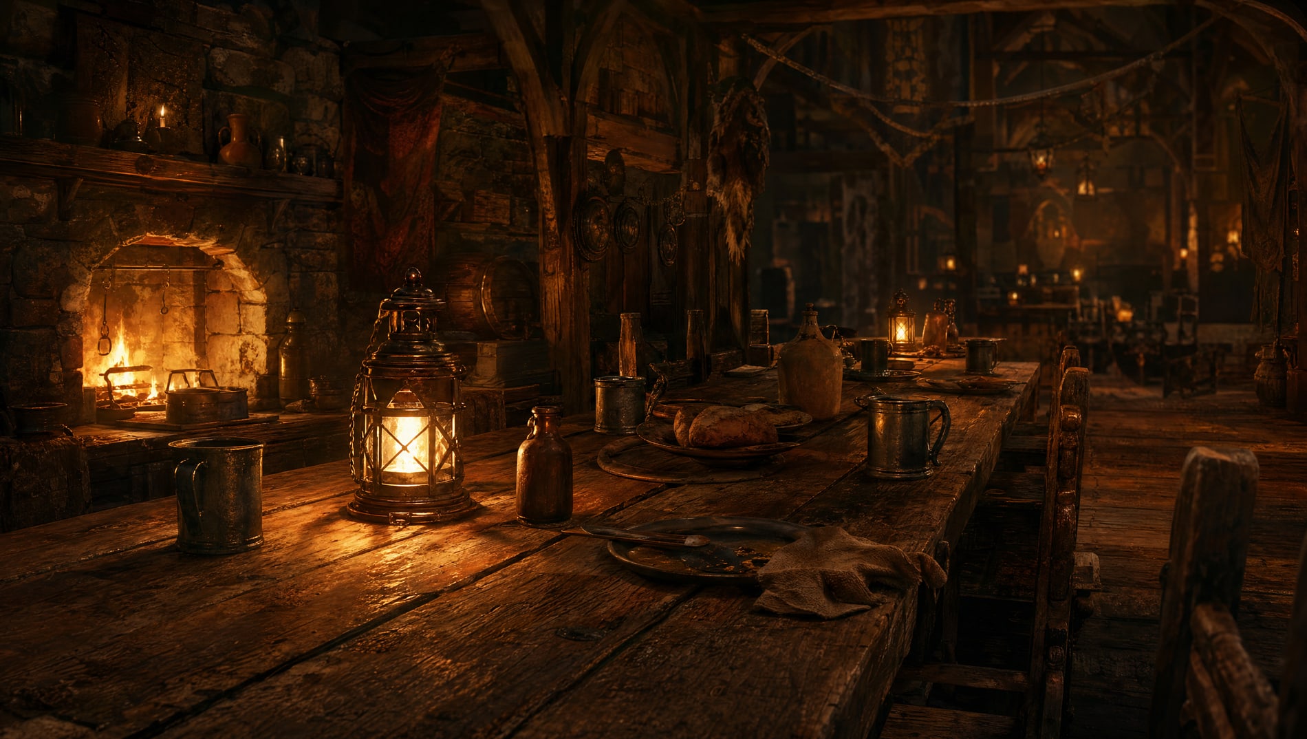 A long timber table seen from one end in sharp perspective, lantern-lit at the near end, its far end lost in warm darkness.