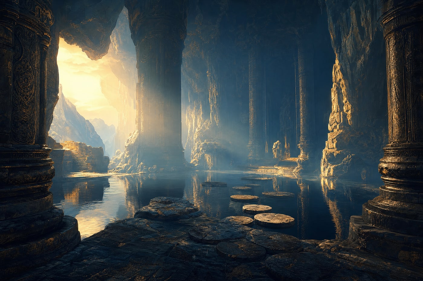 A deep pillared chamber with a still black pool and half-submerged stepping stones, one shaft of pale daylight falling across the water.