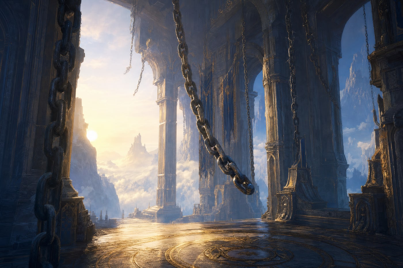 A vast vaulted hall open to a bright sky, enormous iron chains hanging down into shadow, one of them still swinging.