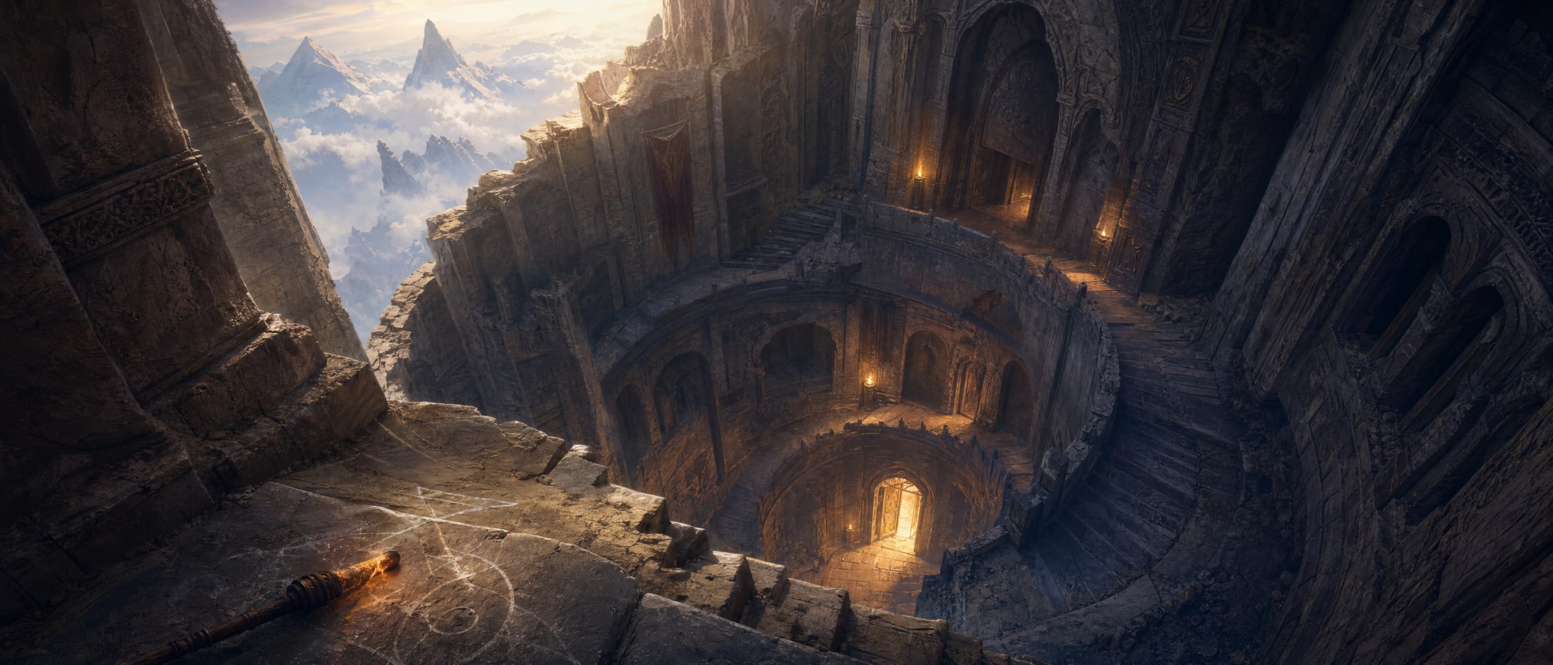The top of a vast spiral stair cut into a cliff ruin, daylight dying into torchlight as it descends, a small door standing open far below.