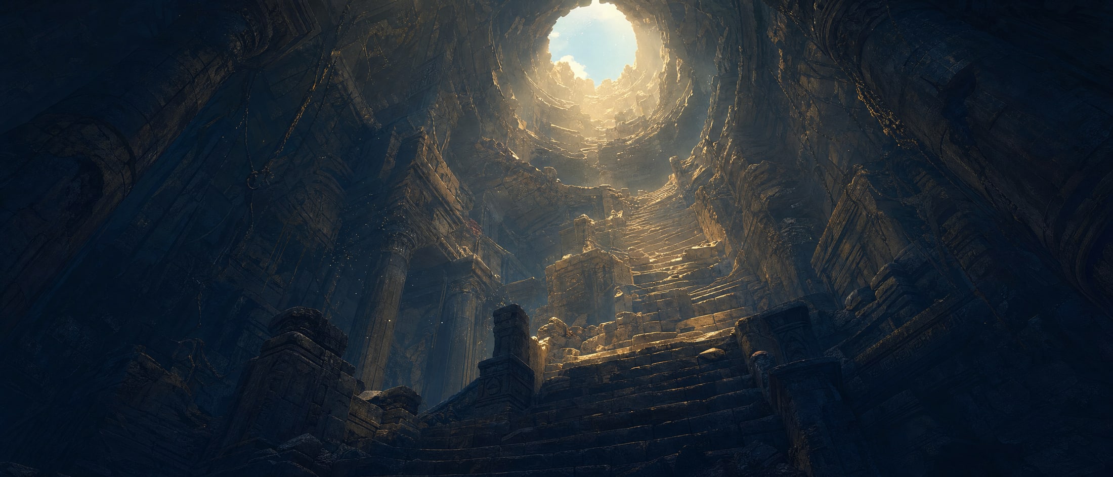 The floor of the hollow, looking straight up the full length of the ruined stair to a small bright circle of sky.