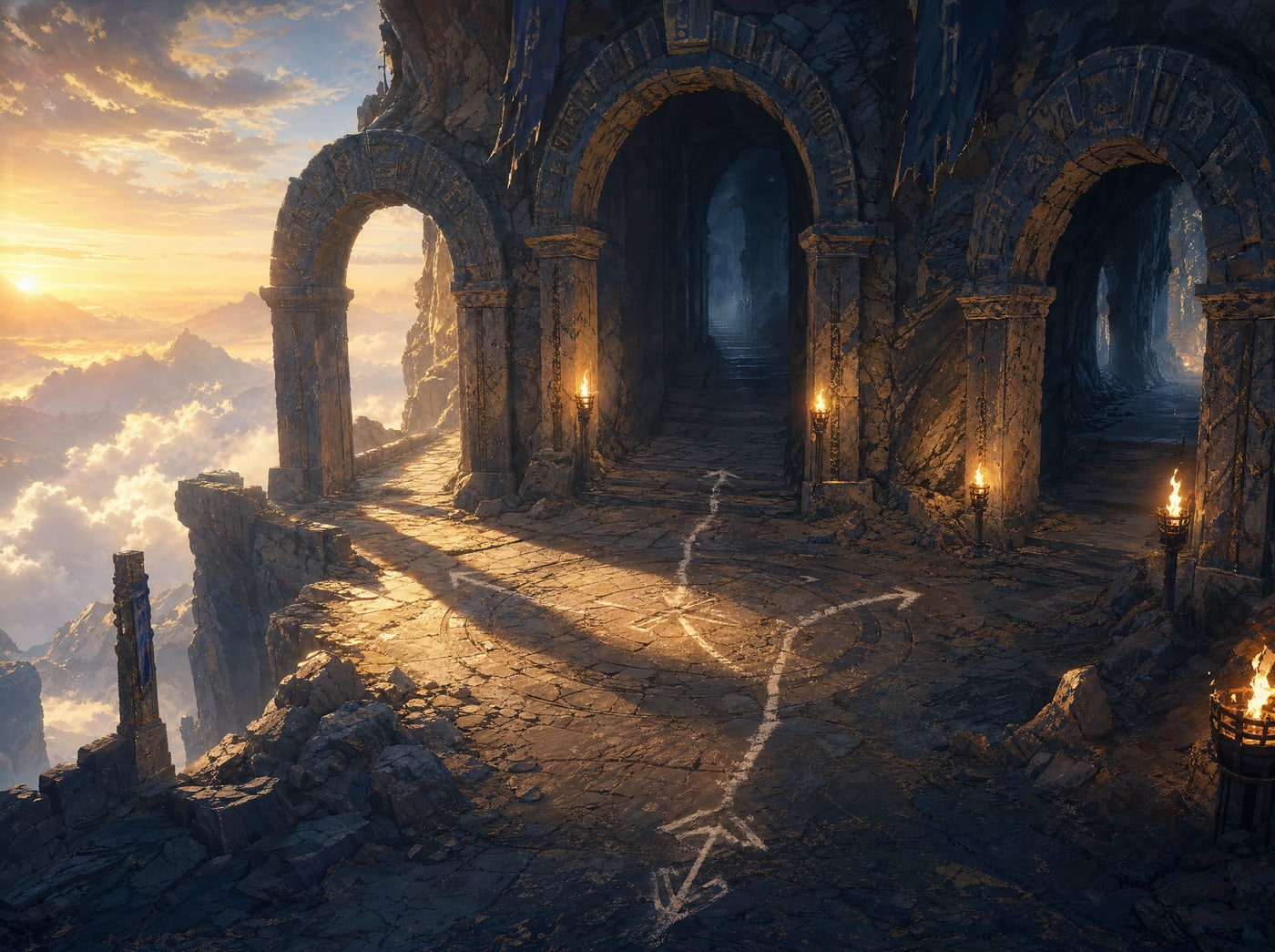 A torchlit landing on a cliff-edge ruin with three dark archways, the middle one marked in chalk, dawn cloud below the parapet.
