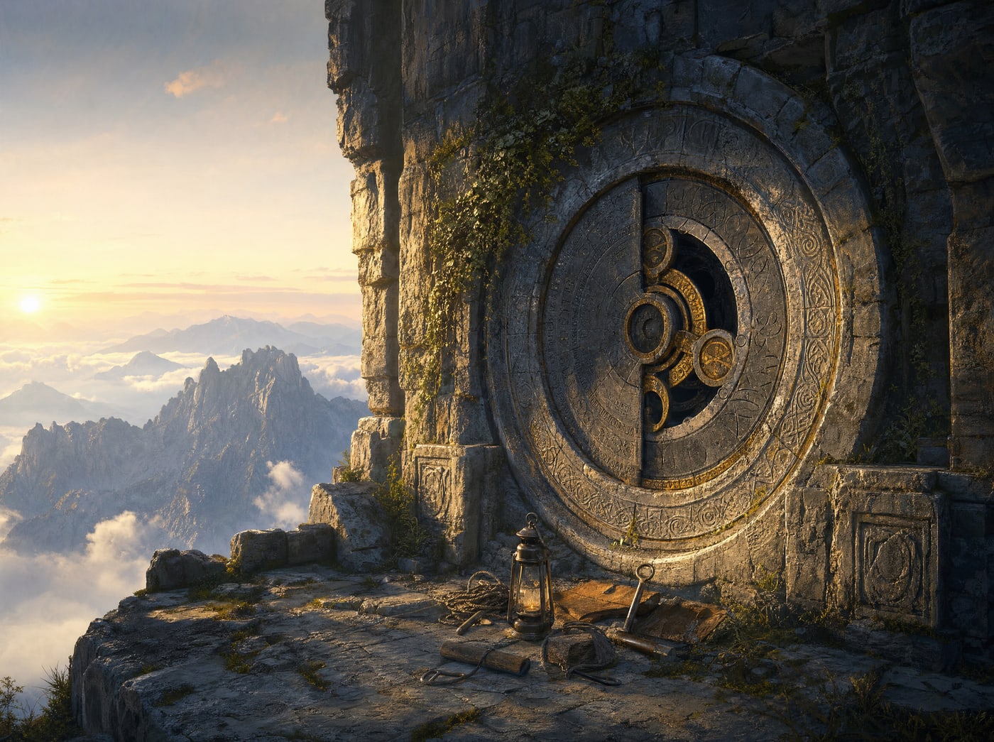 A sealed circular stone door set into a cliff face, its ring mechanism half-turned, a lantern and abandoned tools lying at its foot.
