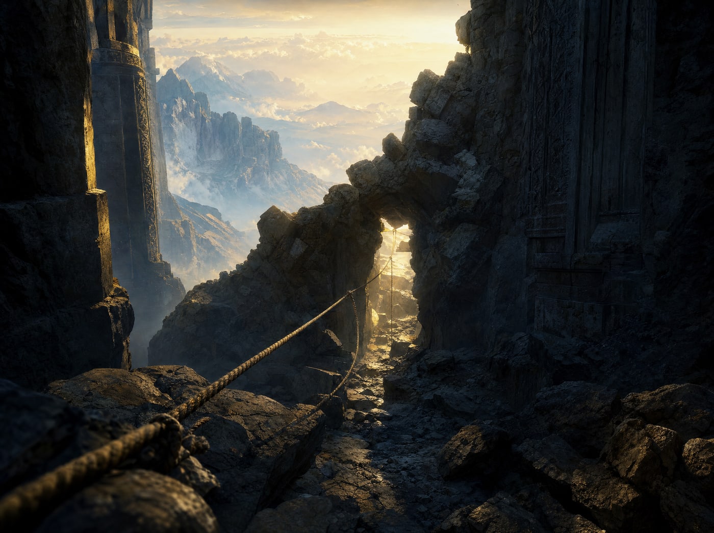 A collapsed corridor high above the clouds with a narrow gap picked through the rubble and a rope threaded through it, sunrise beyond.