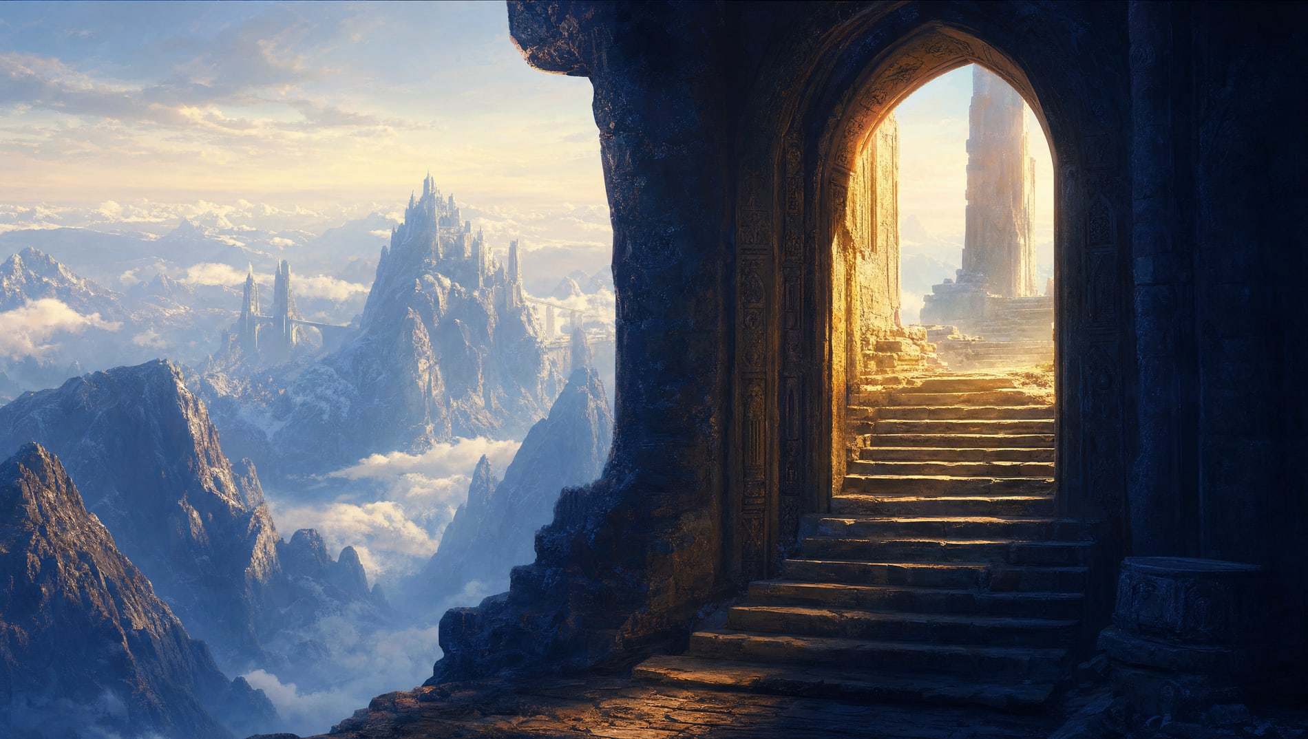 A doorway at the foot of a long stair spilling warm gold light out into cold blue dark.